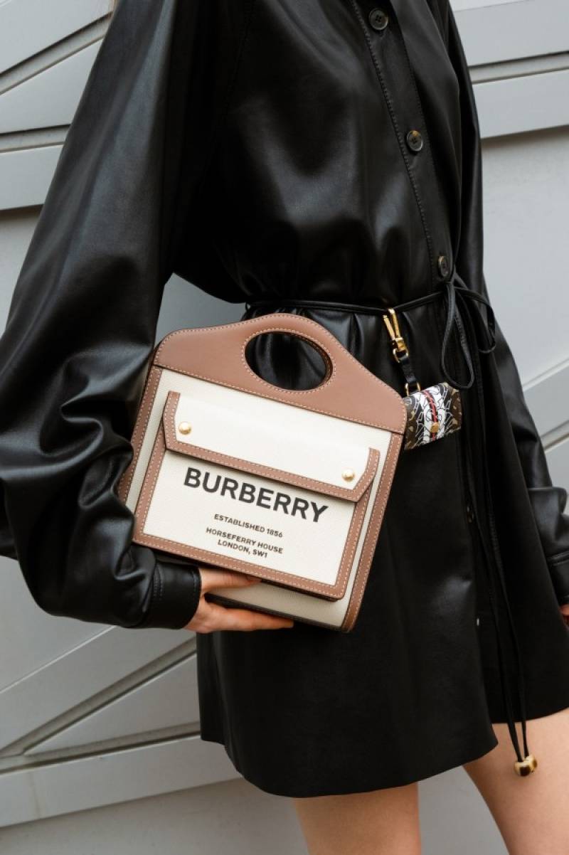 Burbberry Two Tone Canvas and Leather Pocket Premium Quality Bag With OG Box & Dust Bag (Brown - 228)