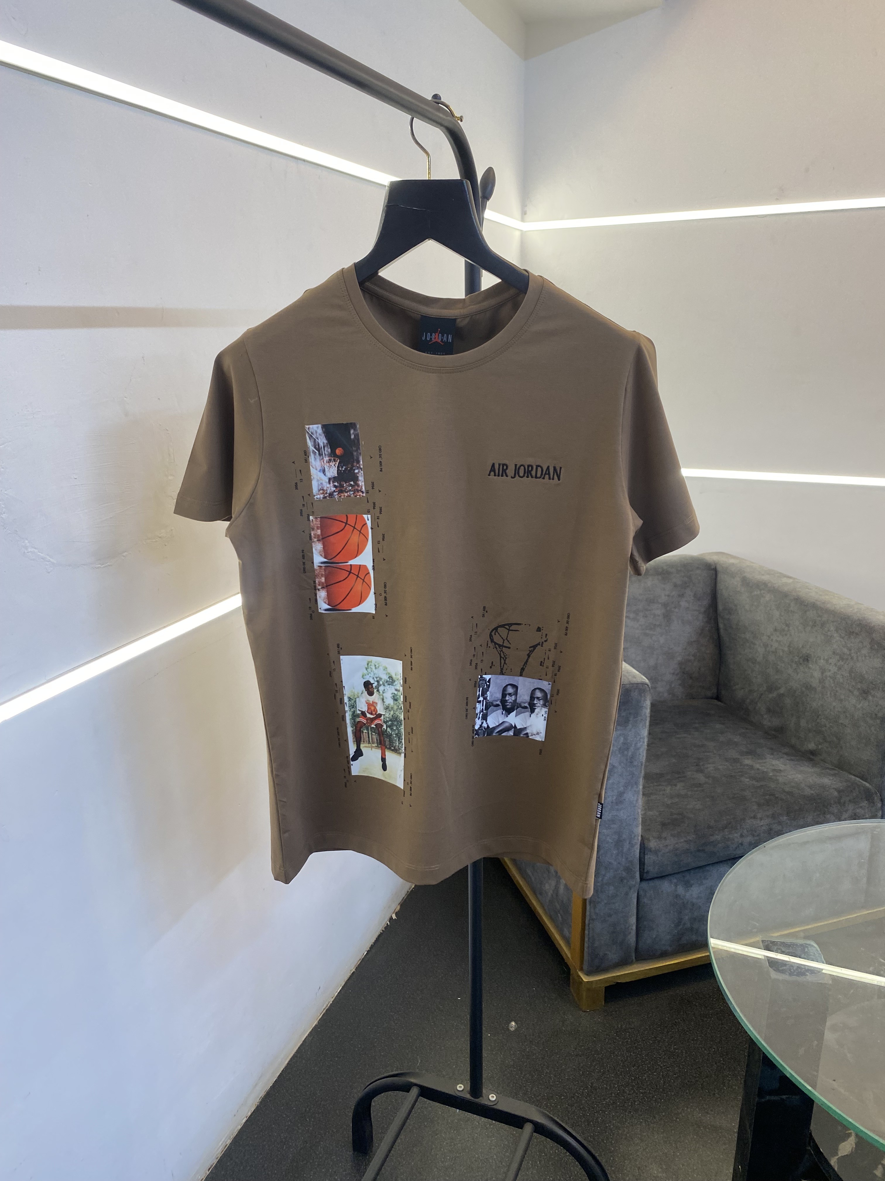 Air jordan patch print front and back with embroidery logo on chest round neck imported tshirt brown sale