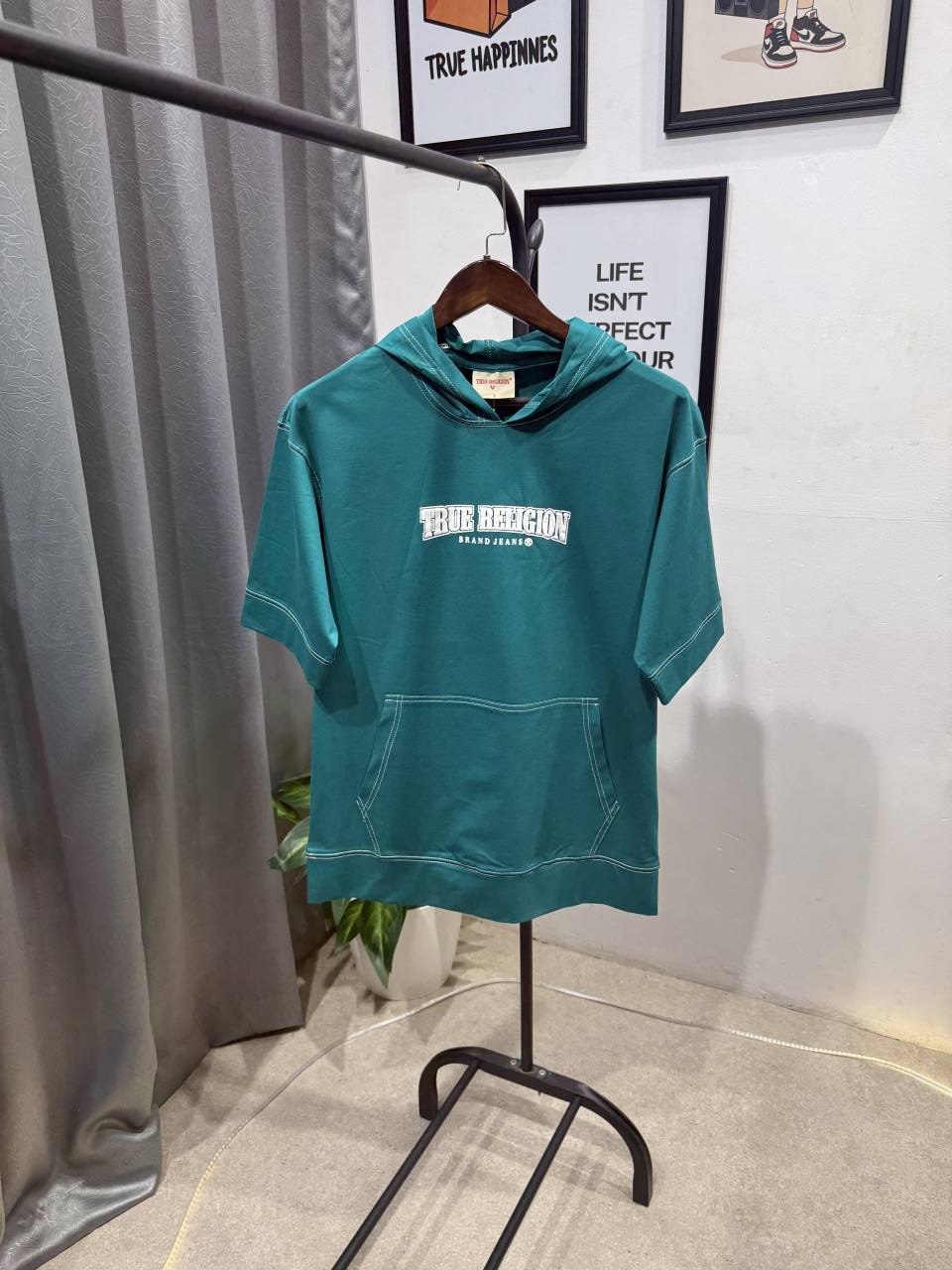 True religion drop shoulder hooded imported tshirt c green