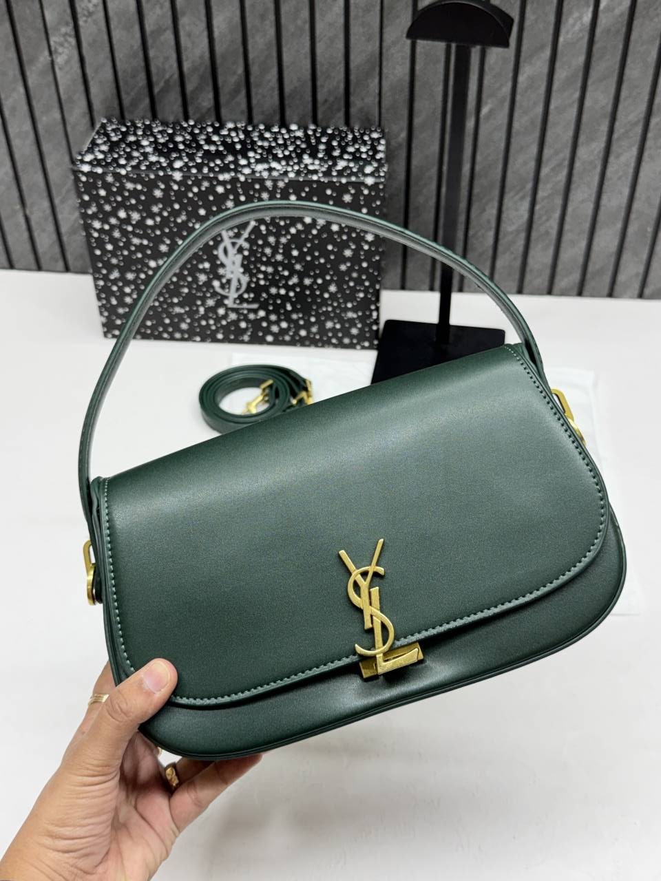 Ysl Voltaire 8868 Green-Gold Shoulder Crossbody Bag With Original Box