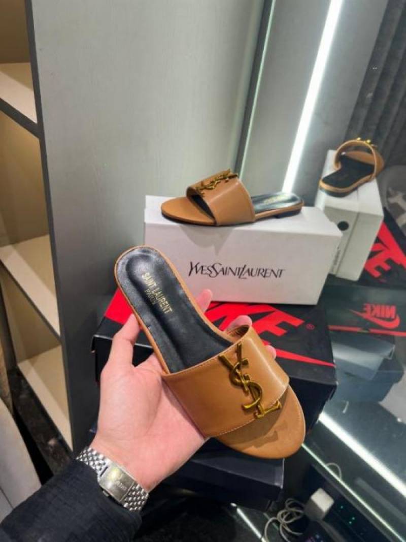 YSL Saint Laurent Premium Flats With OG Box & Dust Bag & Carry Bag (Brown - 1102)