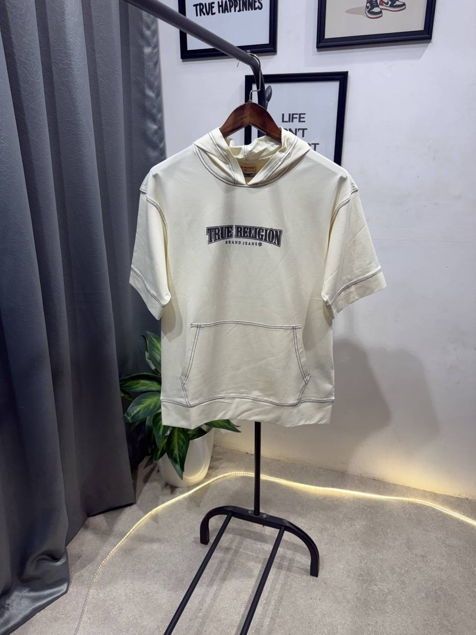 True religion drop shoulder hooded imported tshirt cream