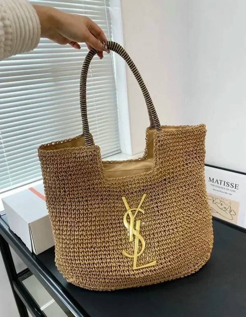 YSL Saint Laurent ICare Raffia Jute Tote Bag With OG Box & Dust Bag (Brown - 991)