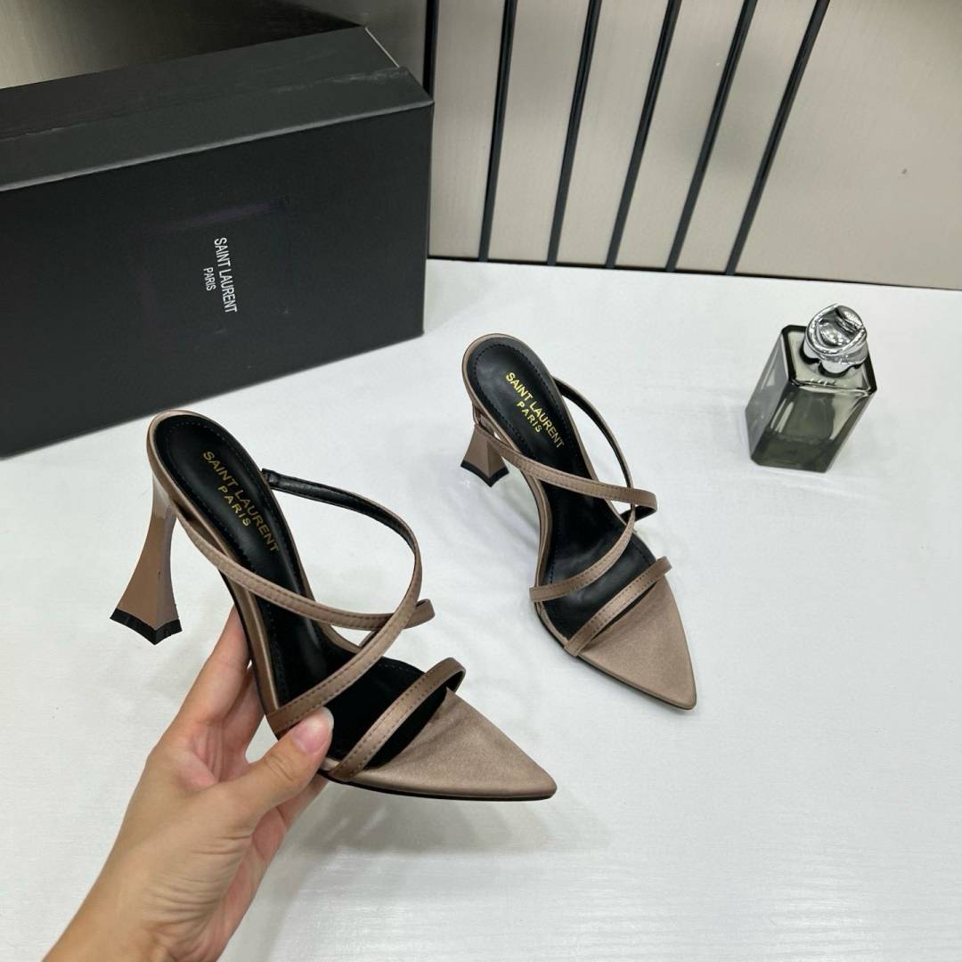 Ysl Saint Laurent Paris Strappy Heeled Sandals Heels With OG Box & Carry Bag Soft Gold Beige