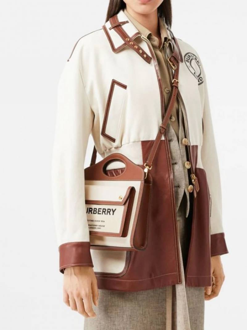 Burbberry Two Tone Canvas and Leather Pocket Premium Quality Bag With OG Box & Dust Bag (Brown - 228)