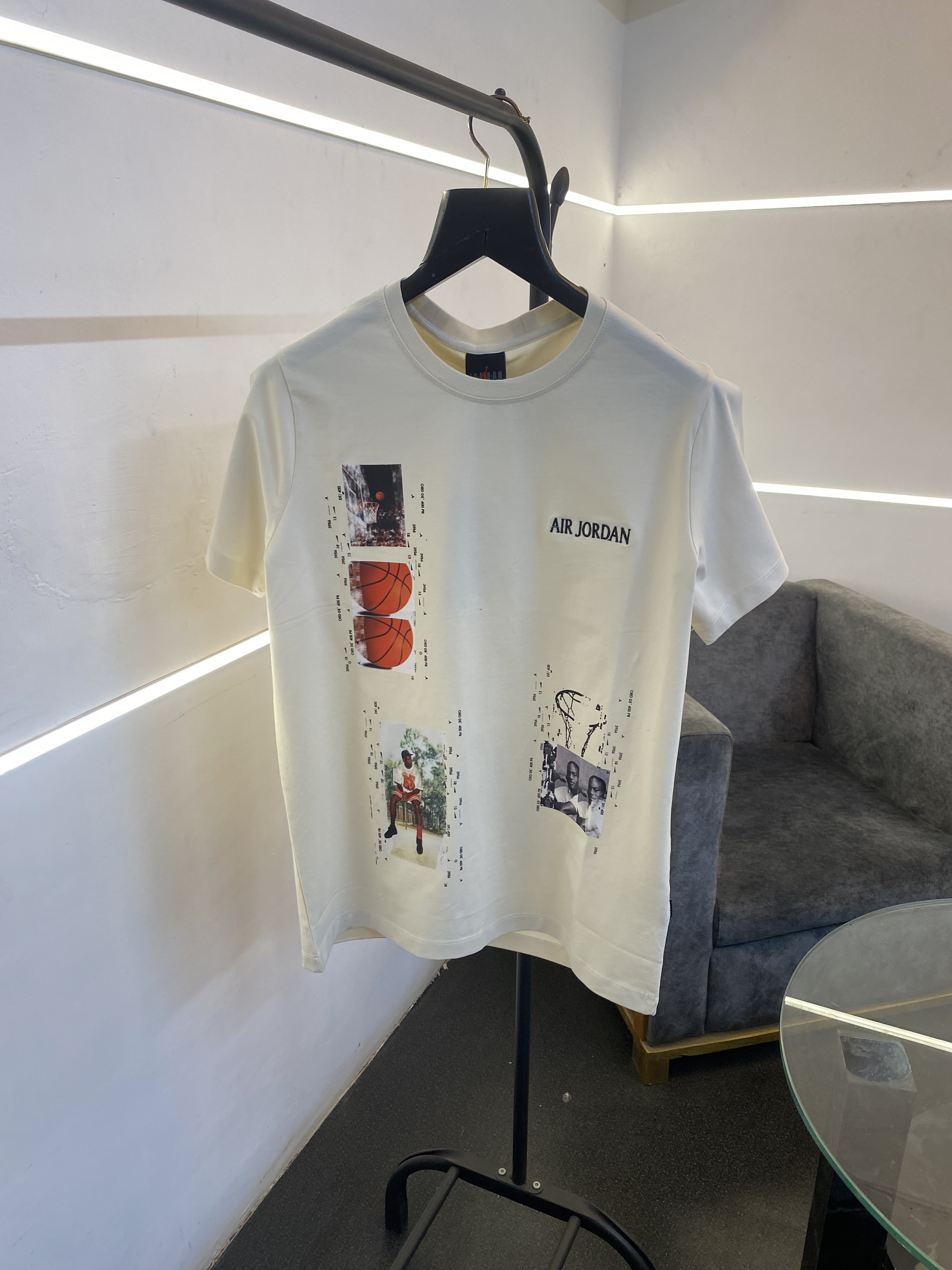 Air jordan patch print front and back with embroidery logo on chest round neck imported tshirt cream sale