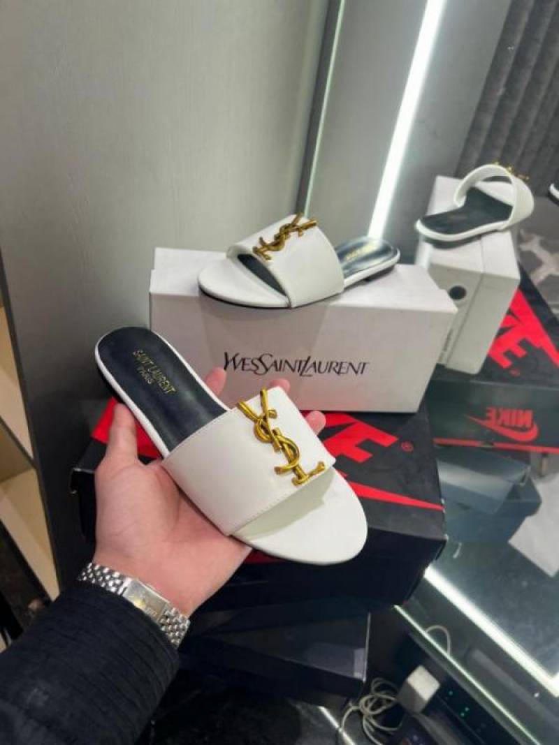 YSL Saint Laurent Premium Flats With OG Box & Dust Bag & Carry Bag (White - 1103)
