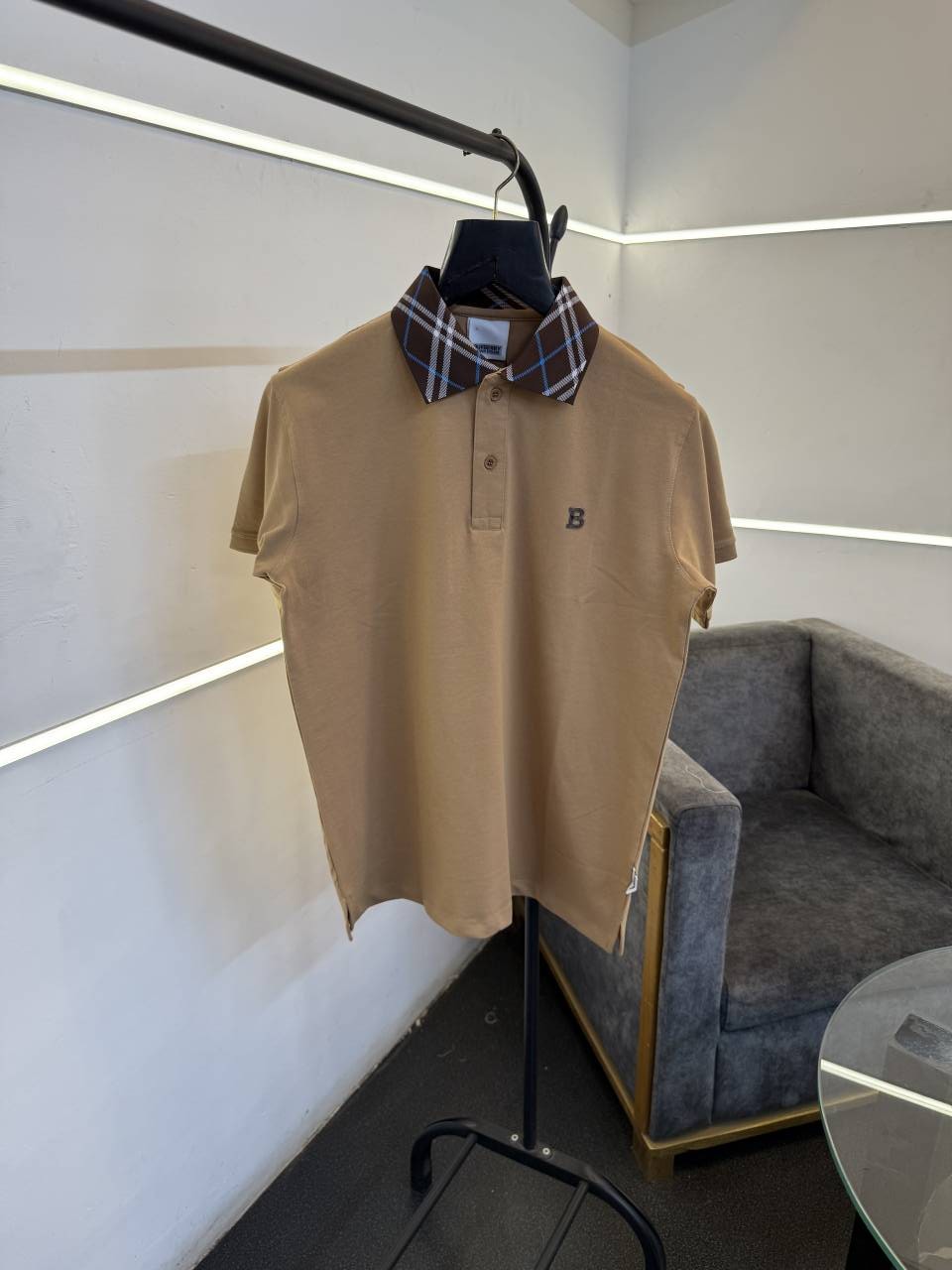 Burbery beige self knitted polo tshirt with multi collar and chest logo