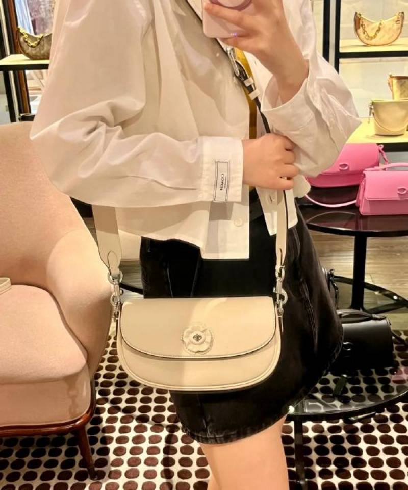 Coaach Emmy Saddle Premium Crossbody Shoulder Bag With OG Double Box & Dust Bag (White Flower - 1006)