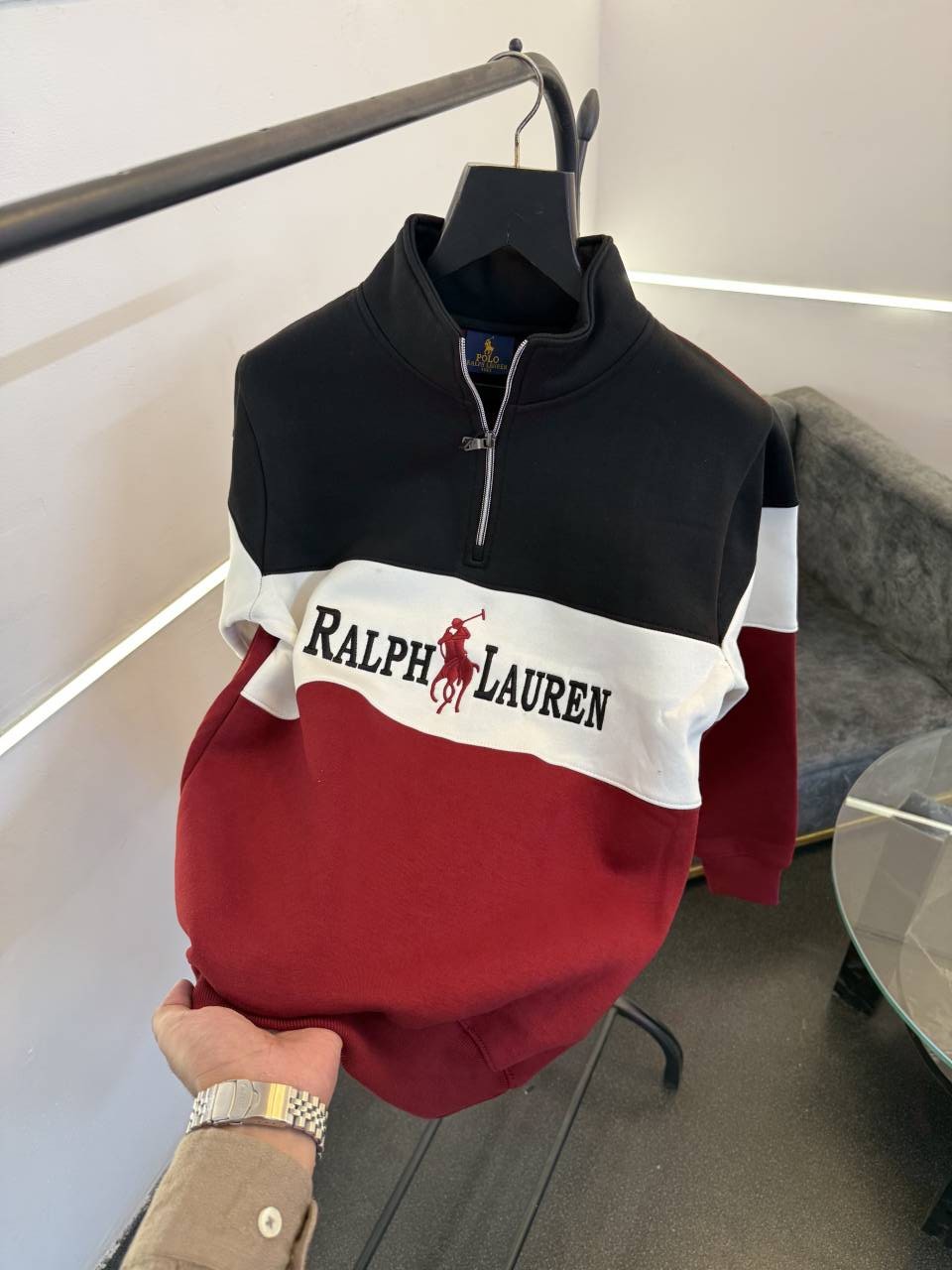 Ralf lauren imported half zip sweatshirt black red