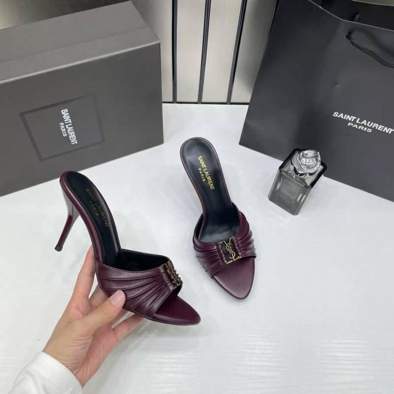 Ysl Saint Laurent Babylone Wine. Stiletto Mules Gold-tone Cassandre logo Detail With OG Box & Carry Bag A1 Wine