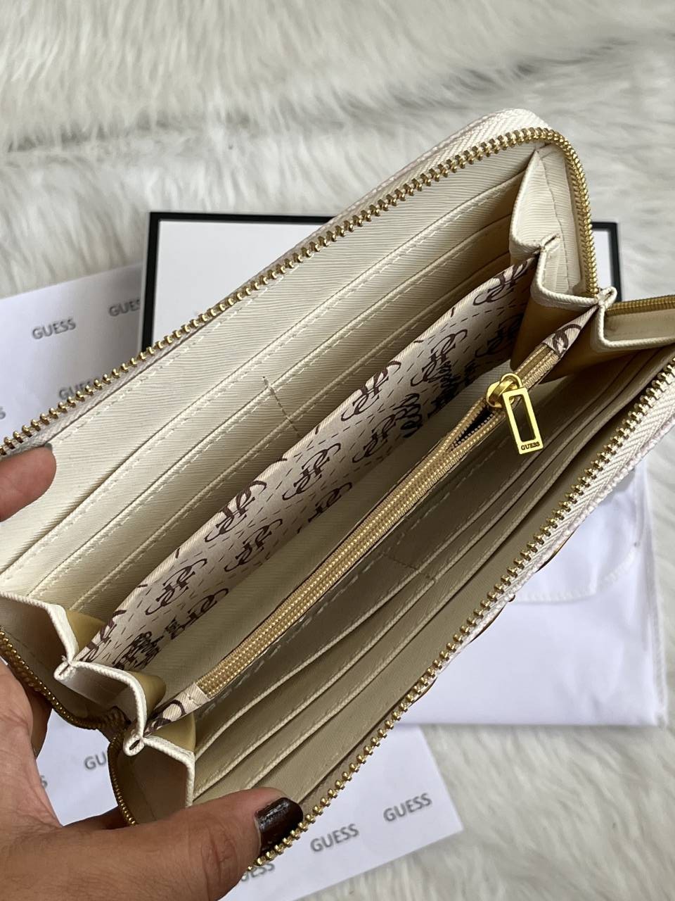 Guess 001 Light Purple Long Zippy Wallet With Original Box Dust Cover Card & Brand Packaging