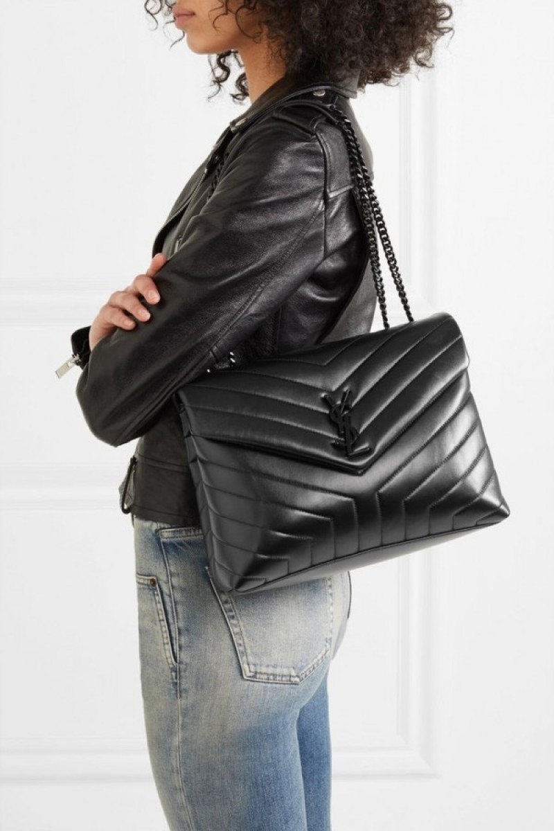 YSL Saint Laurent Loulou Shoulder Bag With OG Magnetic Box & Dust Bag (All Black - 771)