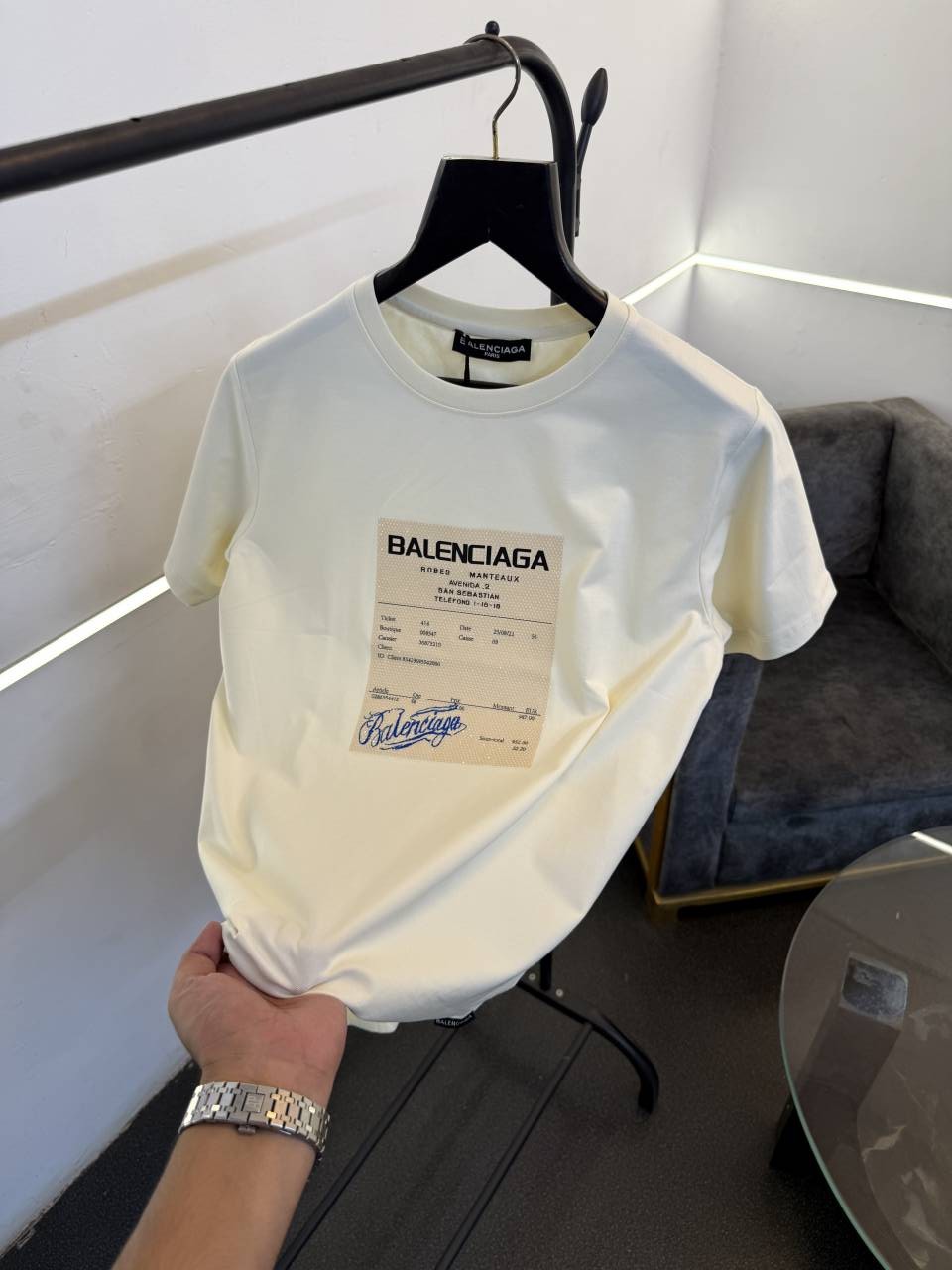 Balenciaga cream diamond patch with print imported round neck tshirt