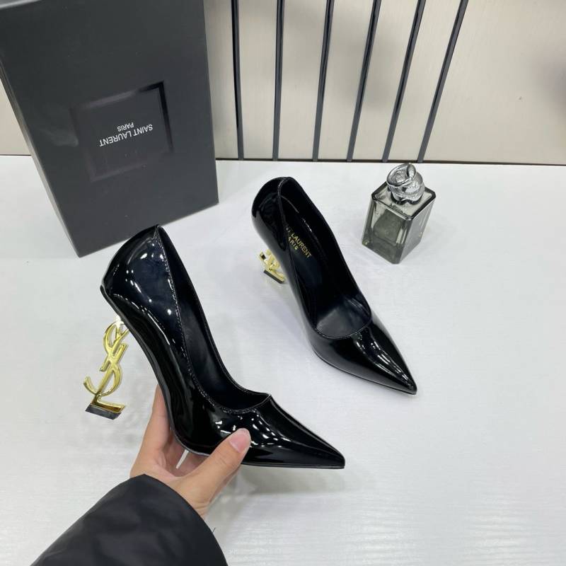 Ysl Saint Laurent Opyum Black Patent Leather Logo-Heel Pumps with OG Box 2499-1 Black