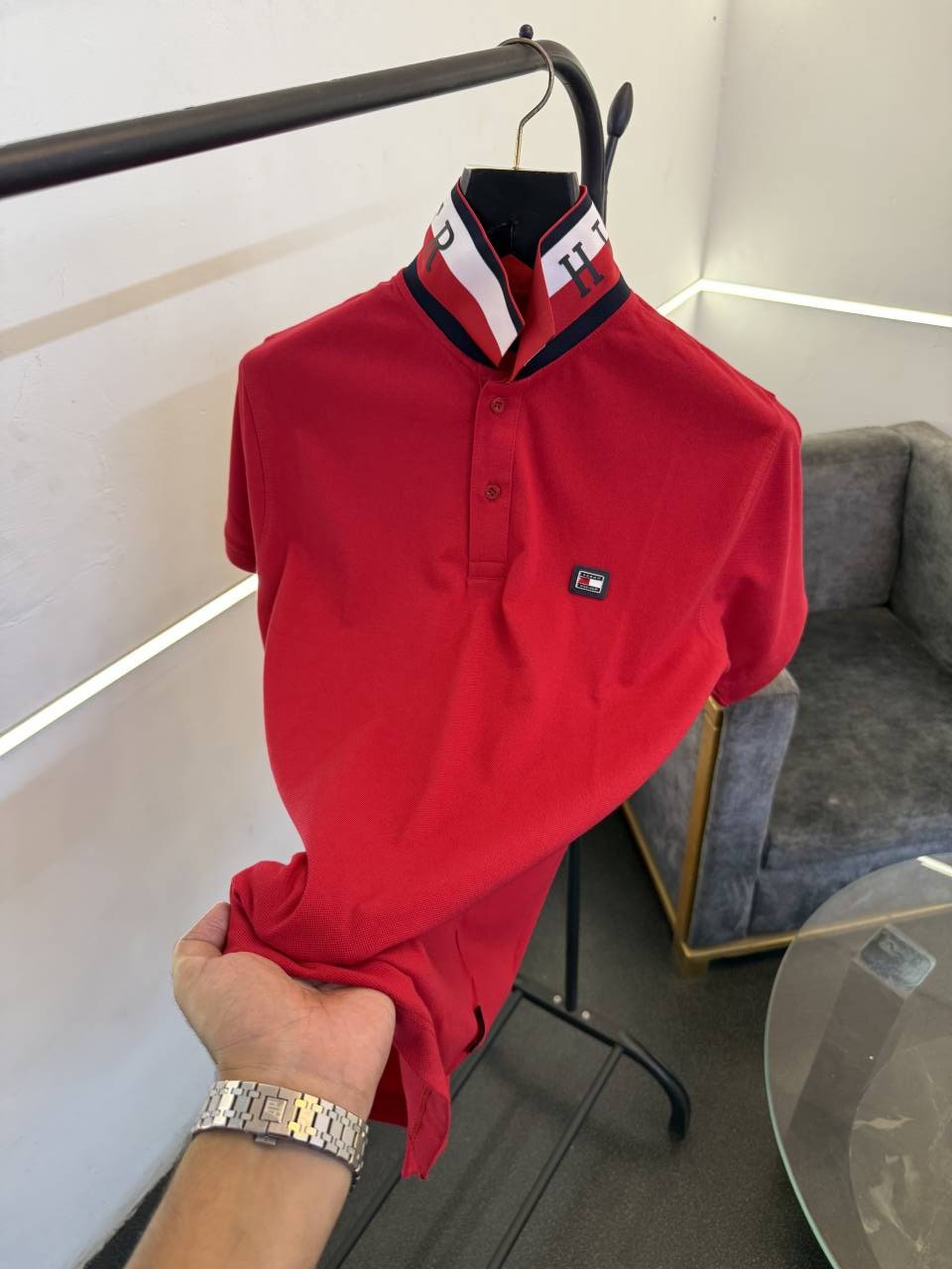 Tommy hilfigar steel logo matty cotton imported polo tshirt with brand collar red sale