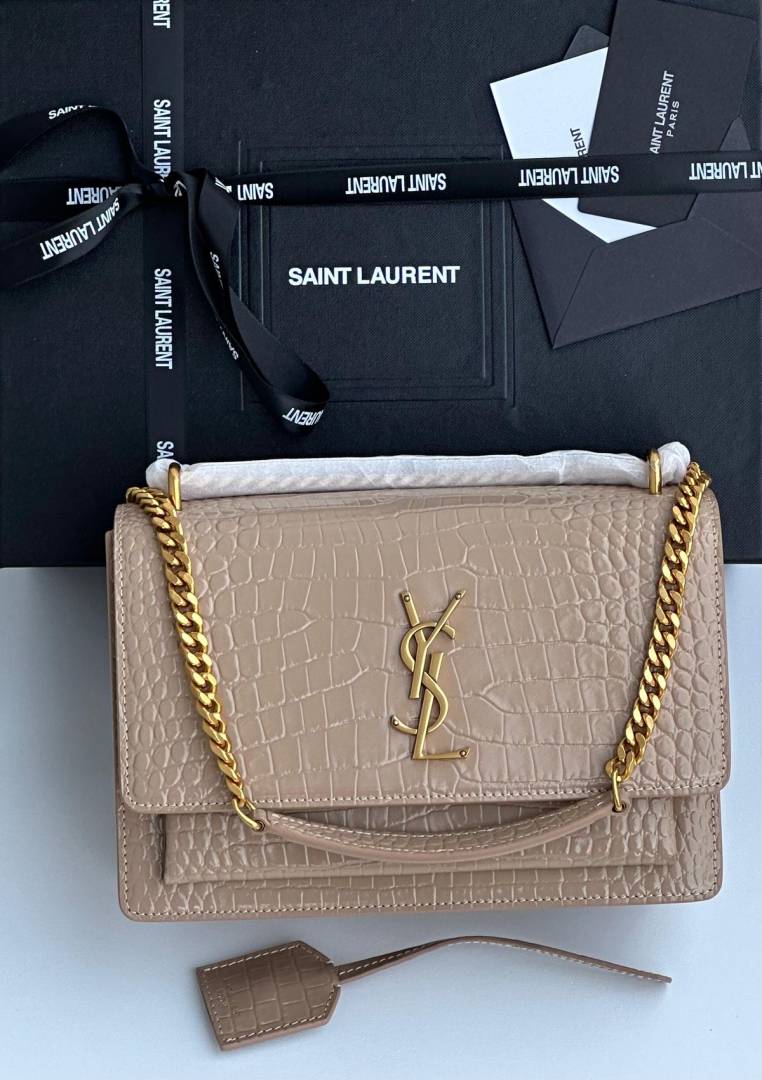 Ysl Sunset Croccskin Shoulder Sling Bag With Original Box & Dust Cover Packaging
