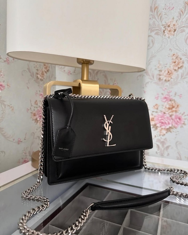 YSL Saint Laurent Sunset Premium Shoulder Bag With OG Double Magnetic Box & Dust Bag (Black - Silver - 937)