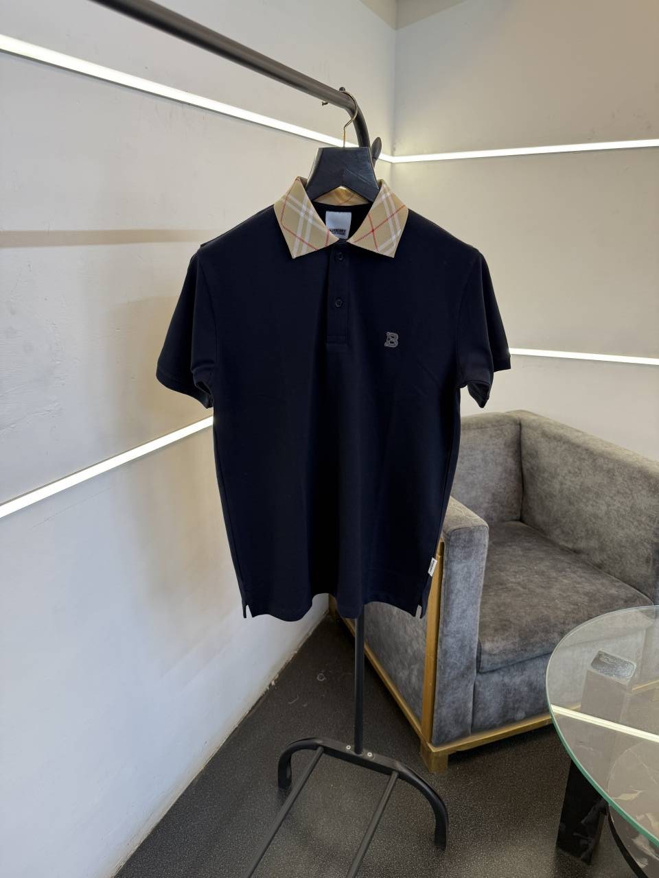 Burbery navy blue self knitted polo tshirt with multi collar and chest logo