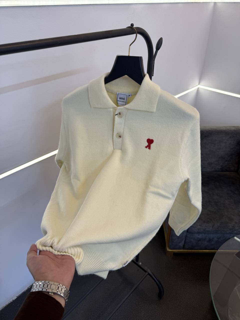Ami imported knitted collared sweatshirt with brand button cream