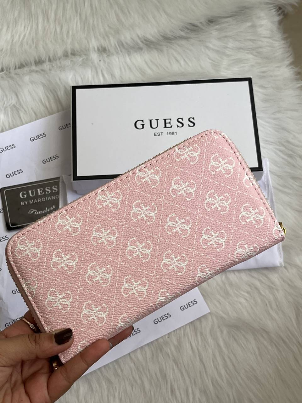 Guess 001 Light Pink Long Zippy Wallet With Original Box Dust Cover Card & Brand Packaging