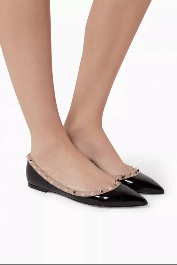 Valentyno_Rockstud_Patent_Black_Ballerina_Flats_For_Women_With_Original_Box_And_Carry_Bag