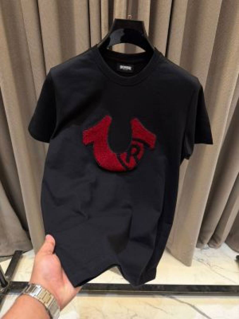 True Religion Embossed Logo Round Neck T-shirt Black Red