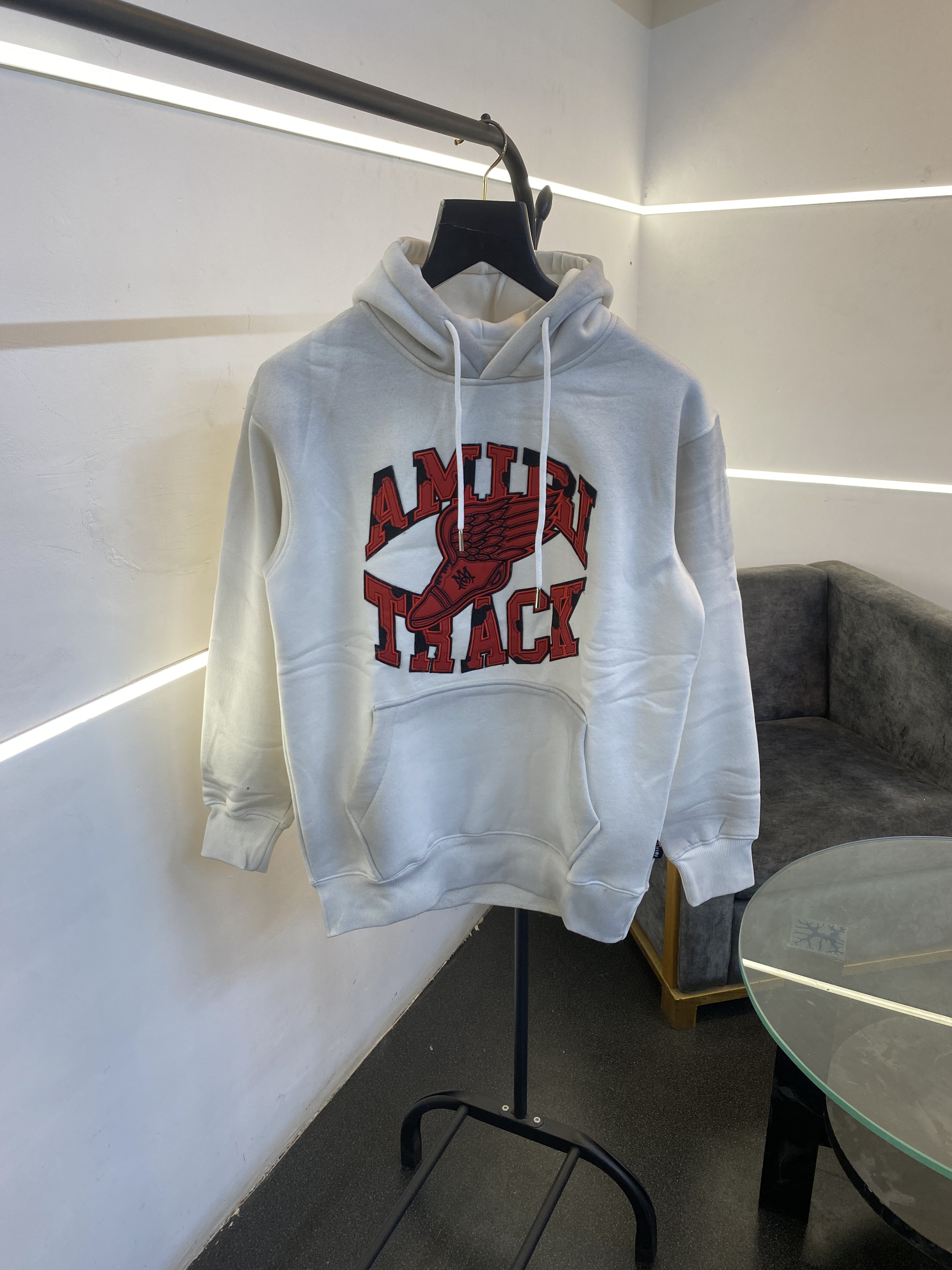 Ameeri heavy gsm fleece fabric hoody sweatshirt with ameeri applique embroidery work with shaded spray work as original white sale