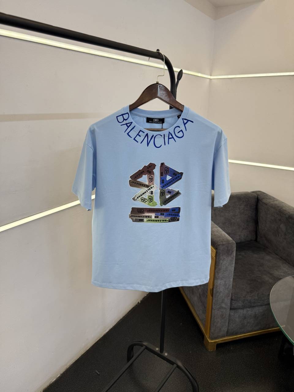 Balenciag a oversize drop shoulder imported round neck tshirt sky