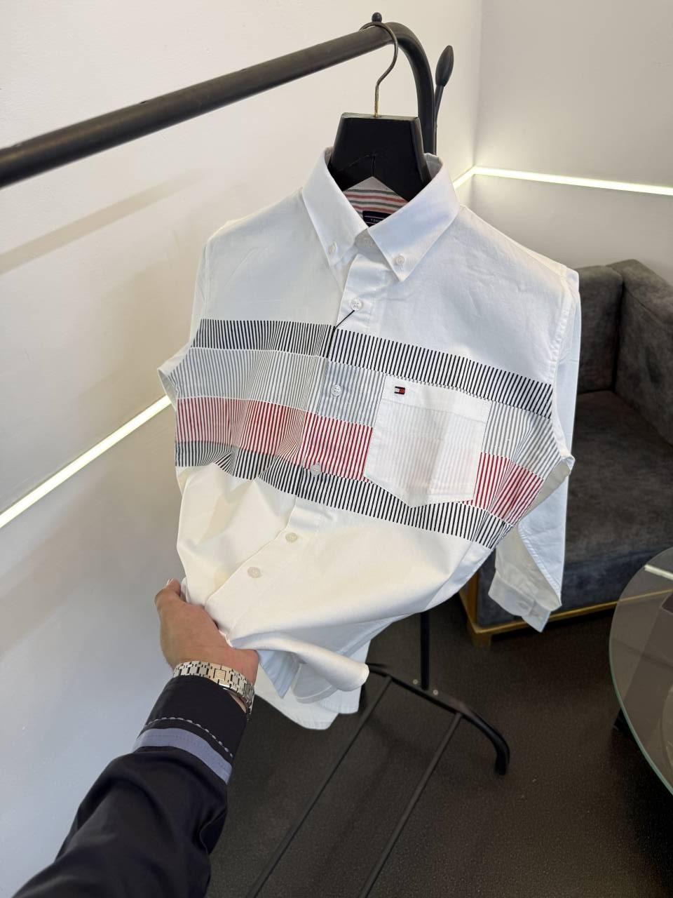 Tommy hilfigar imported front pocket shirt with brand button and embroidery logo on chest white