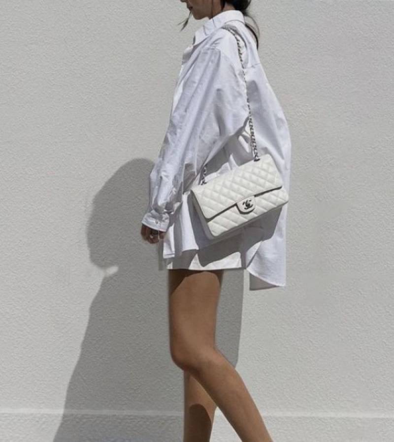 Channel Classic Jumbo Flap Shoulder Bag With Dust Bag (White - 114)