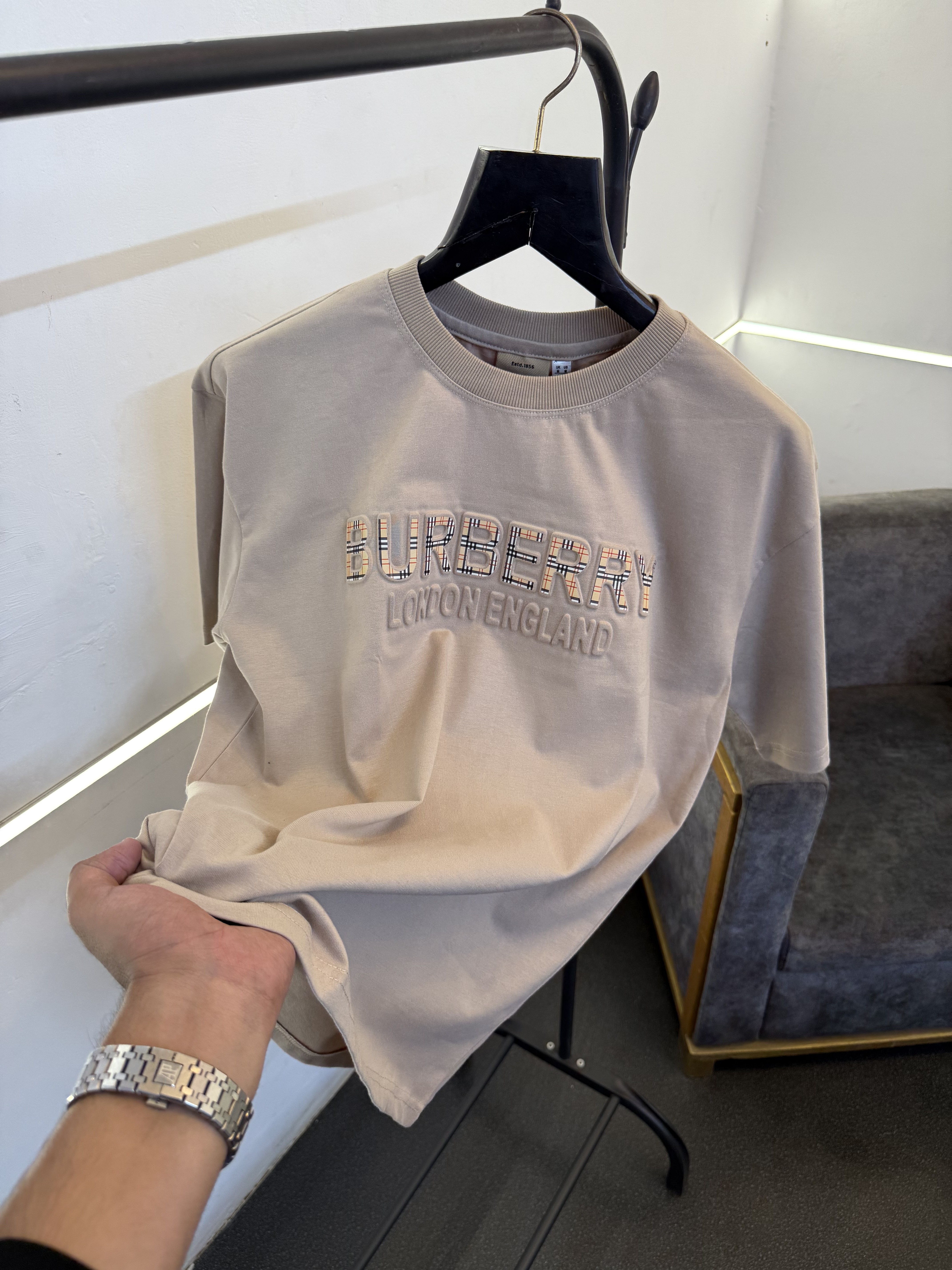 Burbery beige oversize puff print imported round neck tshirt