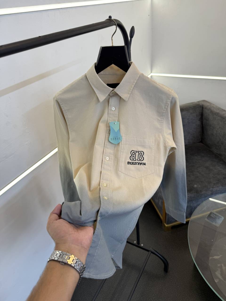 Balenciaga 03 blue double shaded imported shirt with pocket embroidery logo