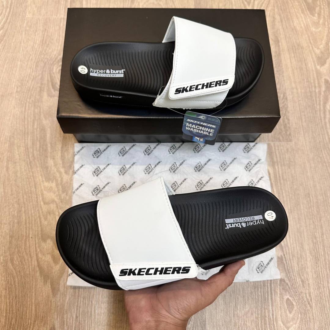 Sketchers Hyper Burst Soft Premium White Black Flip Flop SE12