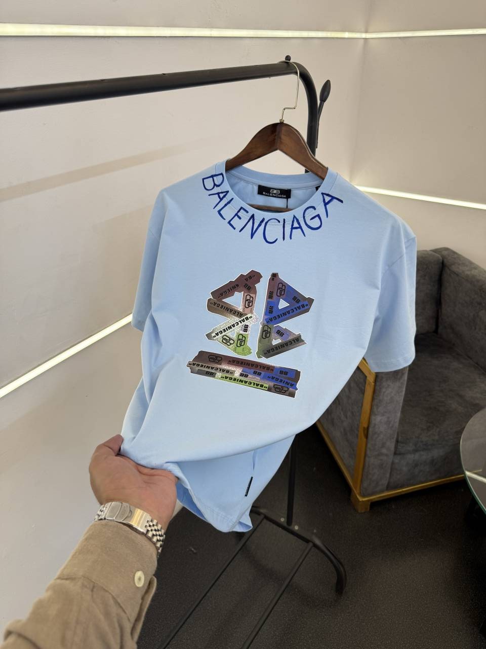 Balenciag a oversize drop shoulder imported round neck tshirt sky