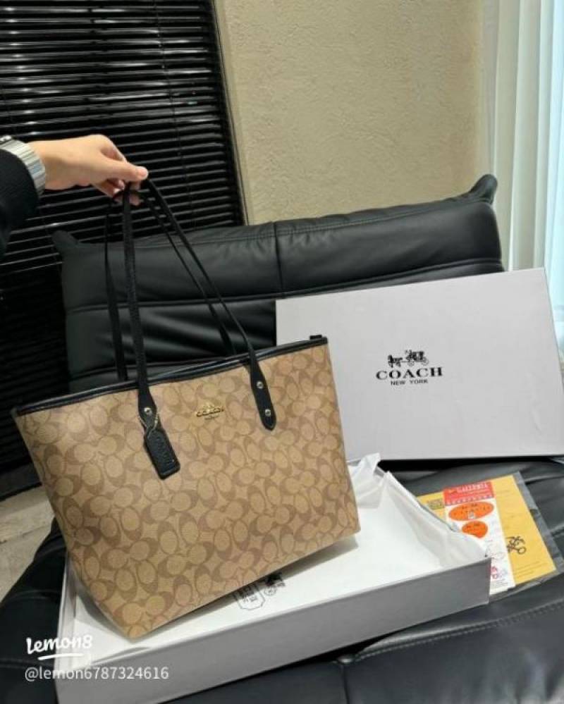 Coach Signature City Tote Bag With OG Box & Dust Bag (Beige Black-1119)