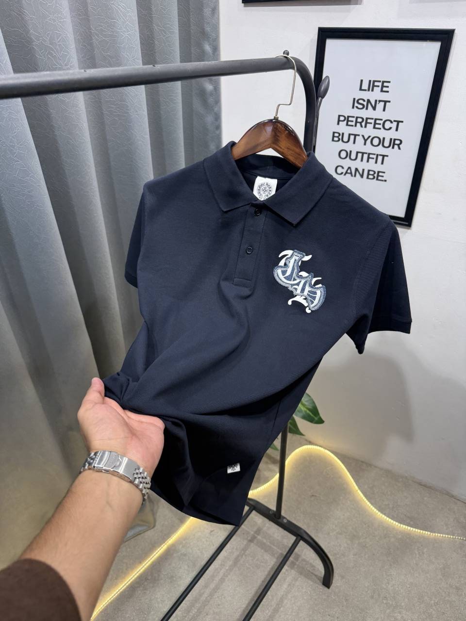 Chrome heart turkey imported polo tshirt with patch and embroidery and brand button navy blue