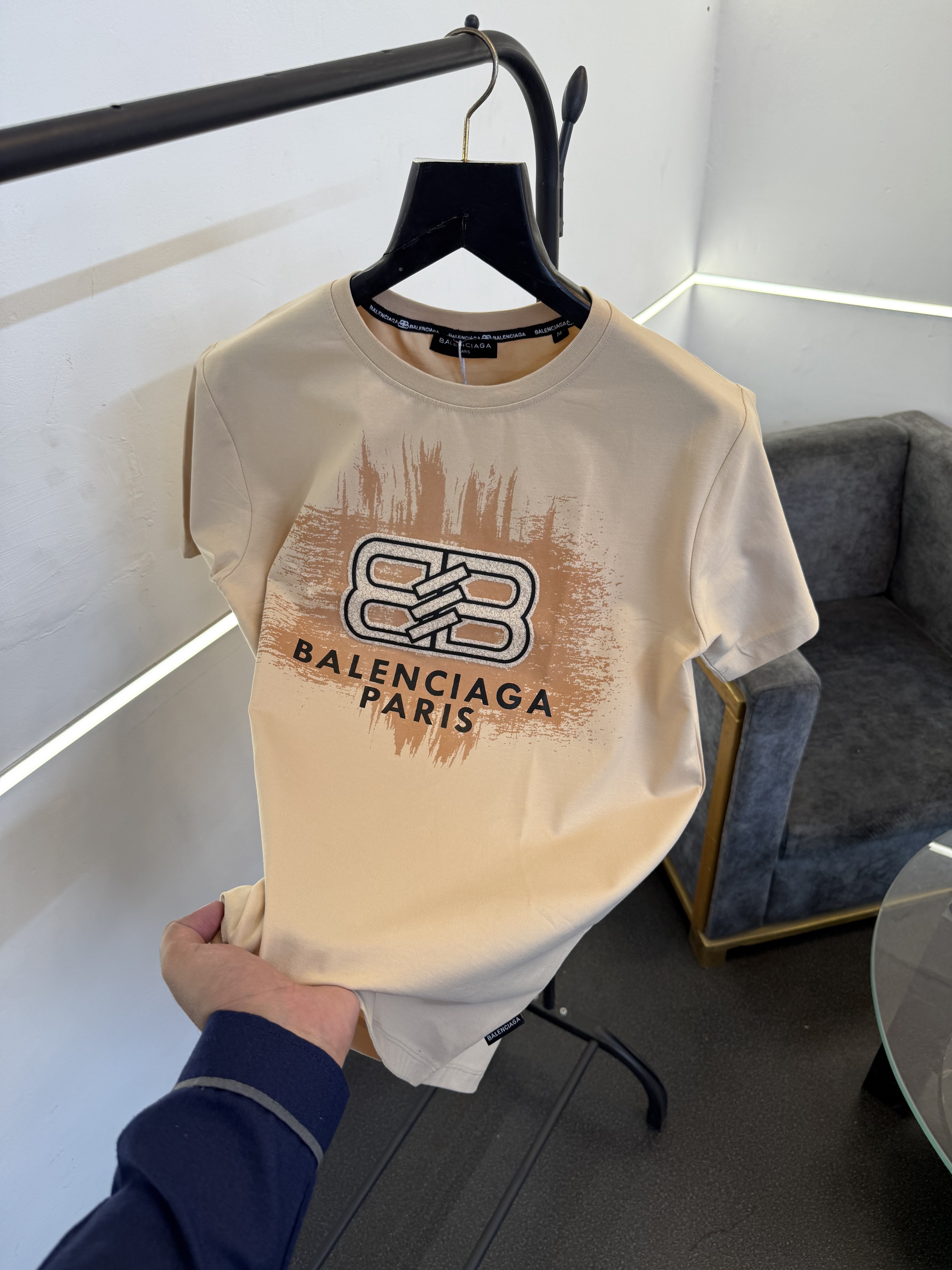Balenciag a furr front printed round neck imported tshirt beige sale