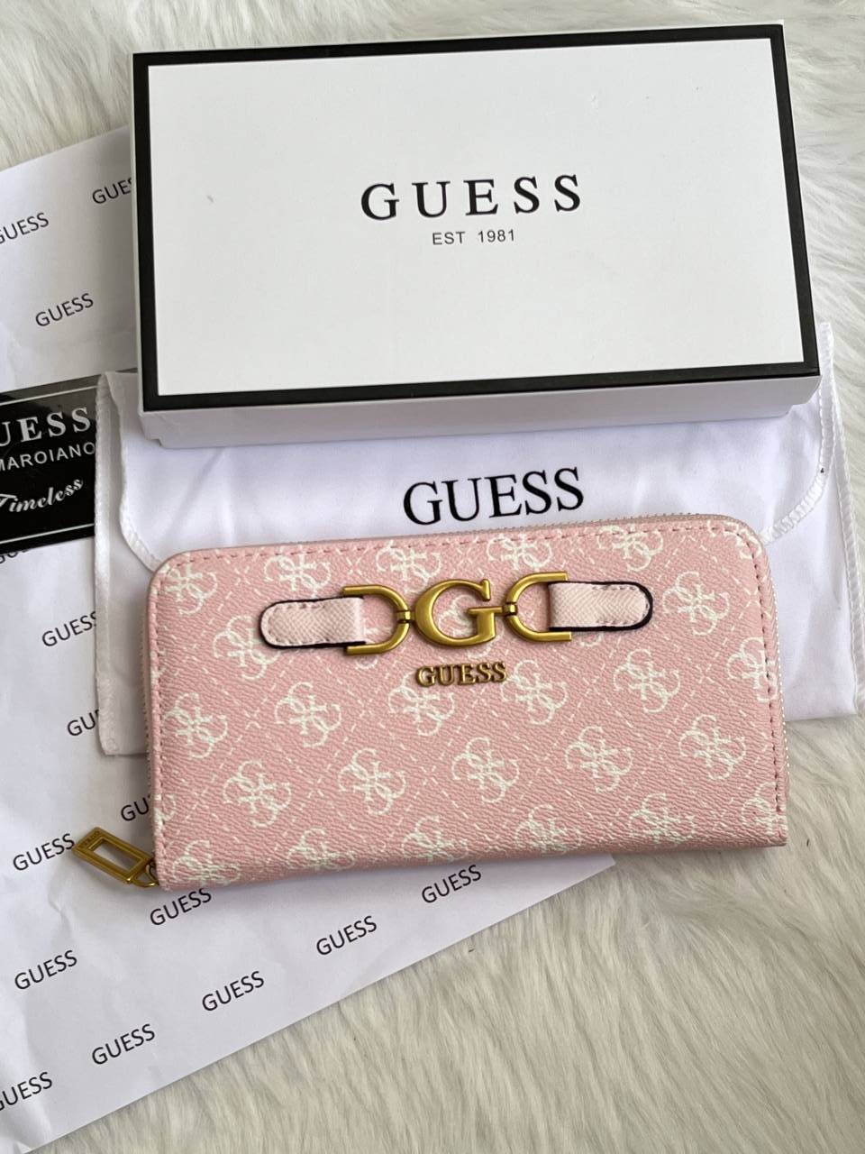 Guess 001 Light Pink Long Zippy Wallet With Original Box Dust Cover Card & Brand Packaging