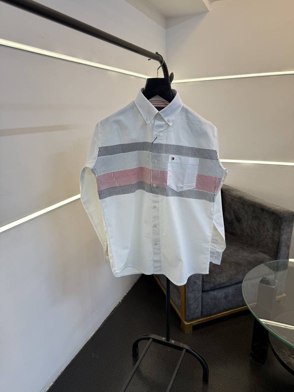 Tommy hilfigar imported front pocket shirt with brand button and embroidery logo on chest white
