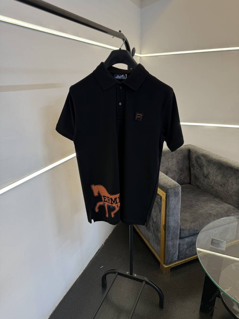 Hermes turkey imported polo tshirt with brand button steel logo and premium print black