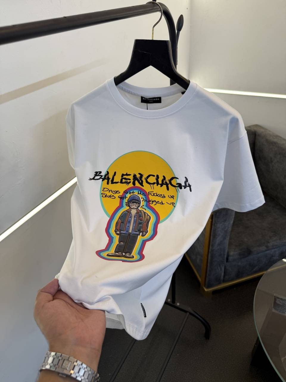 Balenciagahpatch man logo with premium printing oversize drop shoulder tshirt white sale