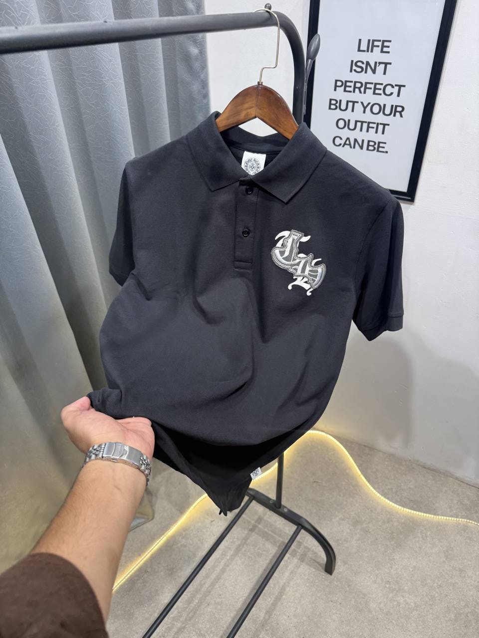 Chrome heart turkey imported polo tshirt with patch and embroidery and brand button black