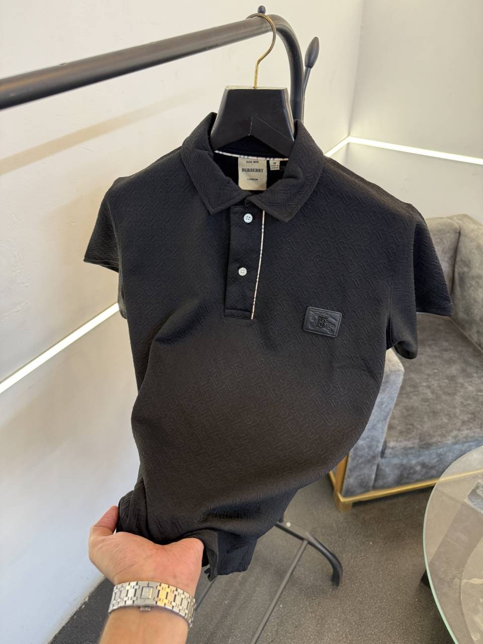 Burbery self knitted embossed print turkish imported polo tshirt black salw