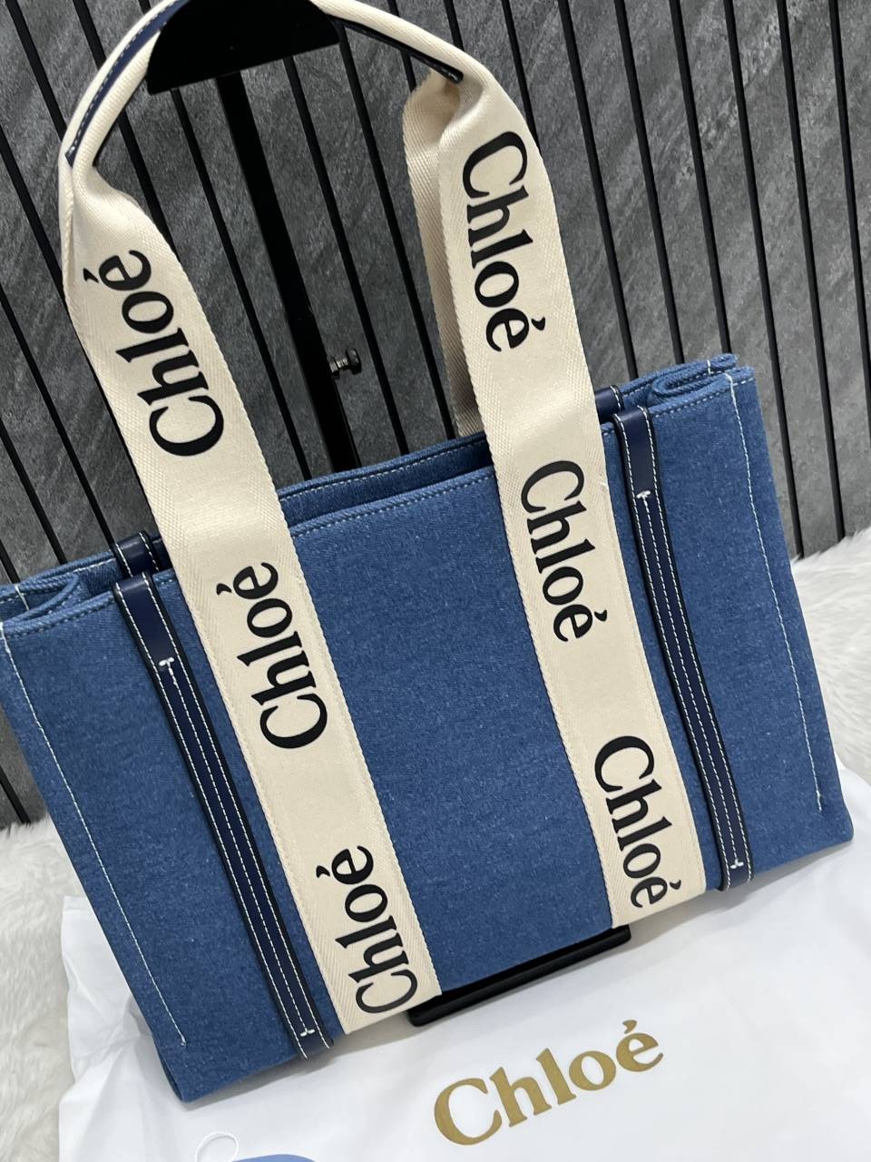 Chloe Denim Medium Canvas Woody Tote With Dust Cover