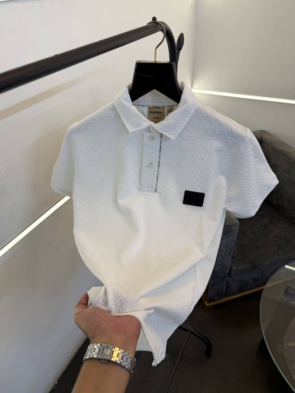 Burbery self knitted embossed print turkish imported polo tshirt white sale