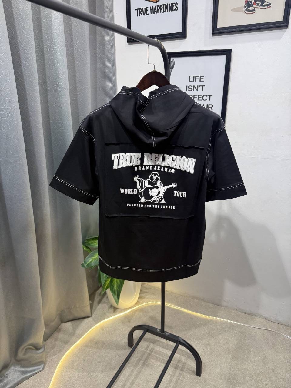 True religion drop shoulder hooded imported tshirt black