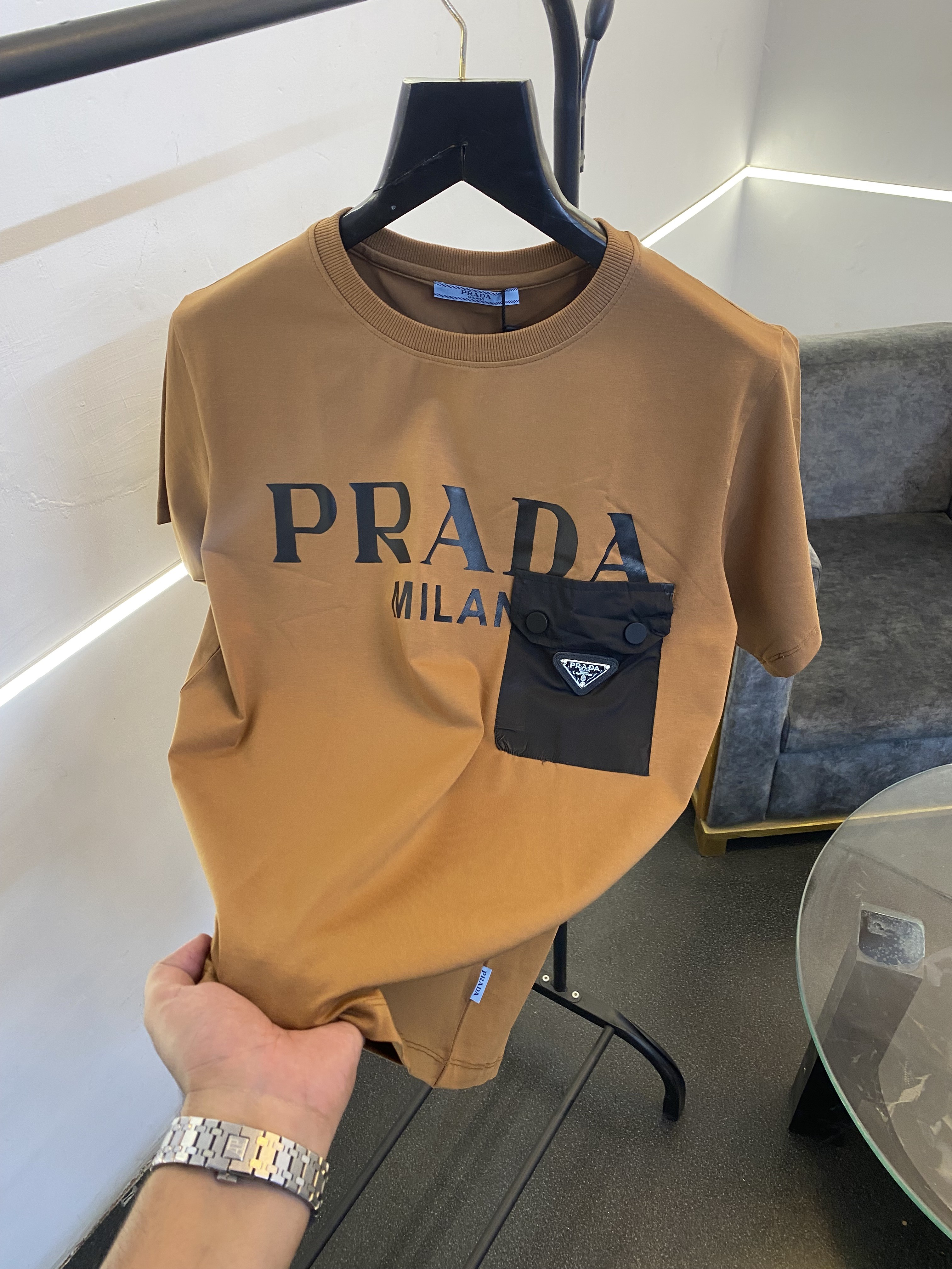 Pradda turkey imported front pocket and print imported round neck tshirt brown sale