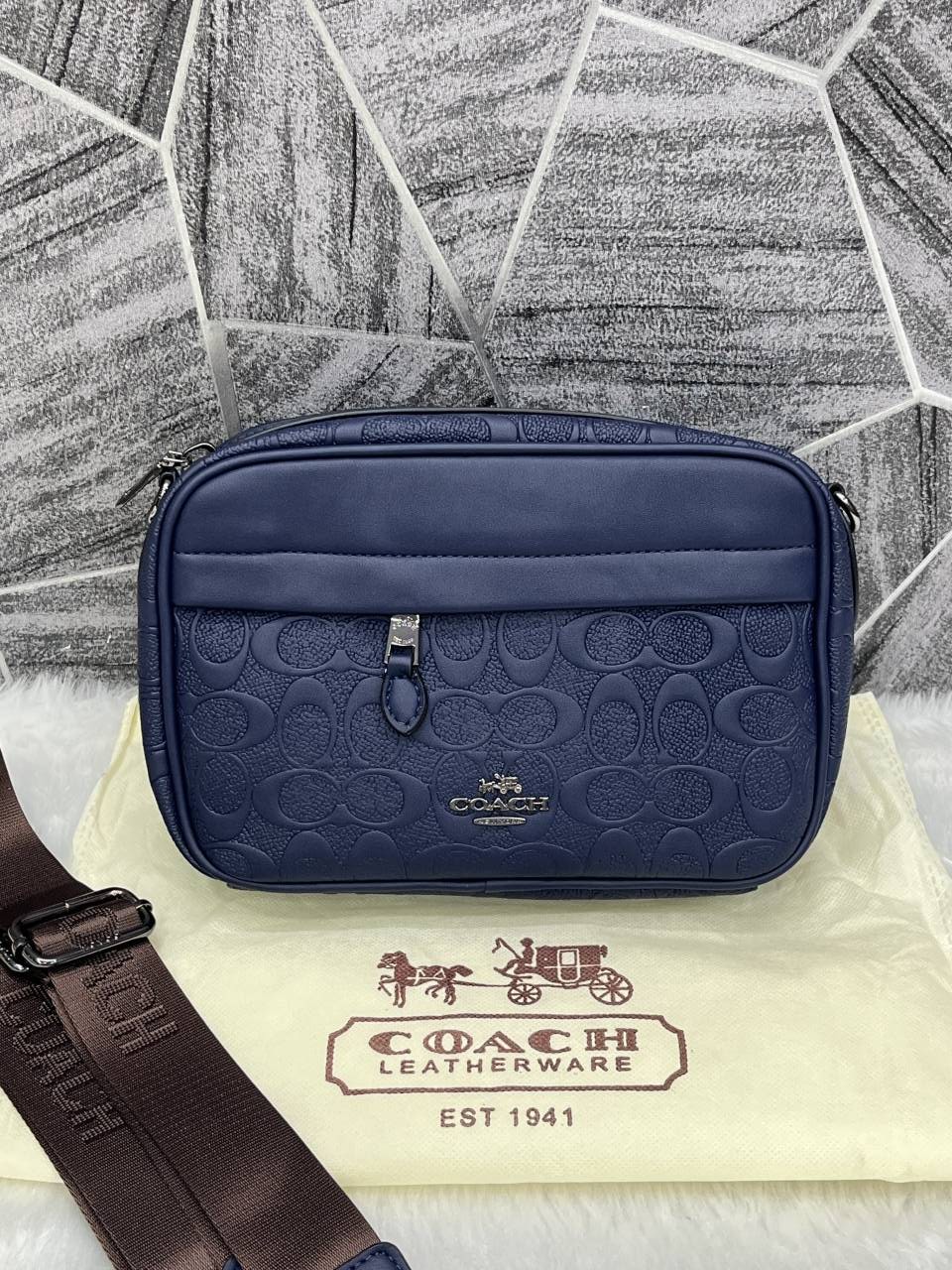 Coach Blue Emboss Leather Unisex Crossbody Bag With DustCover - Image 5