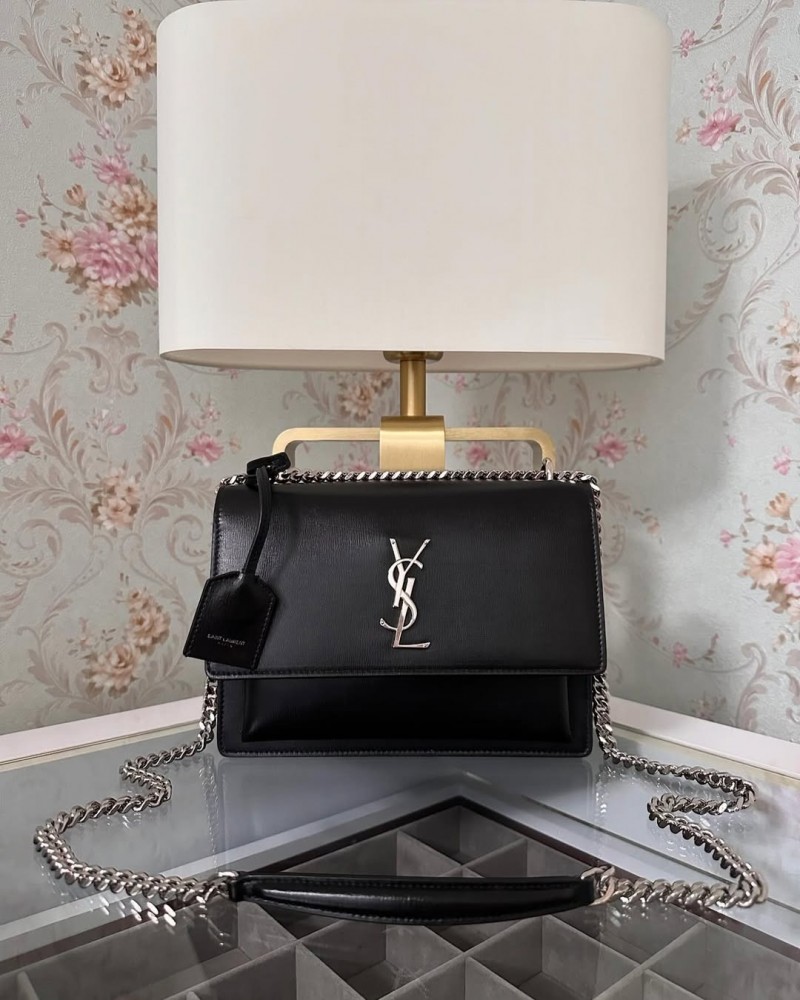 YSL Saint Laurent Sunset Premium Shoulder Bag With OG Double Magnetic Box & Dust Bag (Black - Silver - 937)